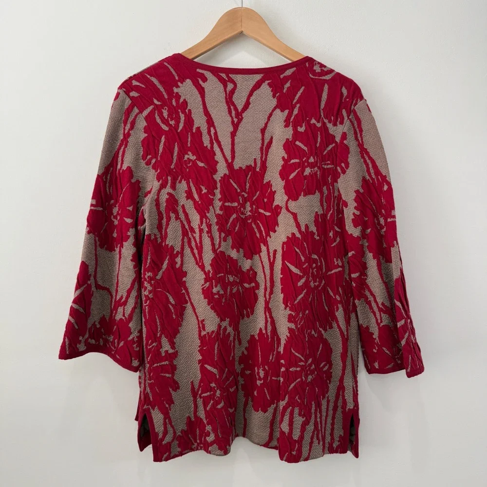 Chico's Travelers Exploded Floral Textured Open Cardigan Sz M Red Gold Old Money